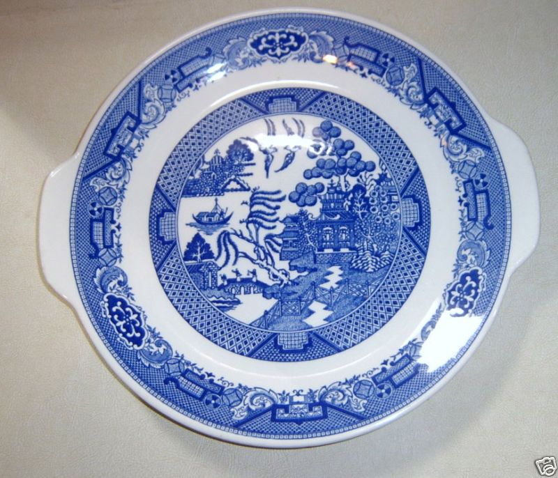 Royal Blue Willow Ware China Tab Platter & 2 Plates  
