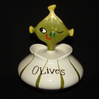   Vintage HOLT HOWARD PIXIEWARE OLIVES w Fork Pixie Anthro Condiment Jar