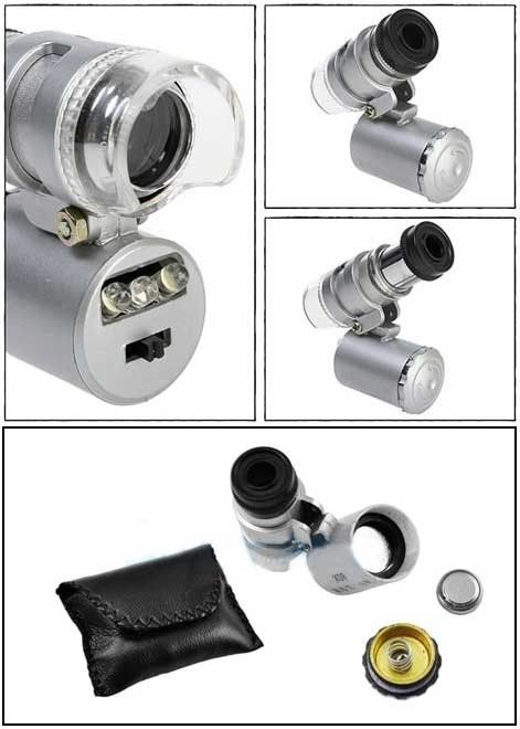 60X Mini Pocket Microscope Loupe 2 LED Lighted Magnifier + 1 Currency 