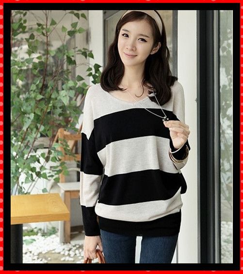   Womens Fashion Korean Loose Long Sleeve Stripes T Shirt Blouse  