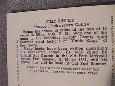Colored Linen Vintage Postcard Billy the Kid JR Willis  