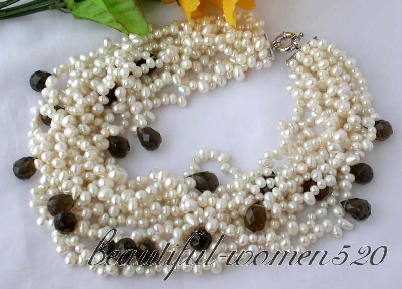 10row 8mm white freshwater pearl nature cairngorm drip necklace . I 