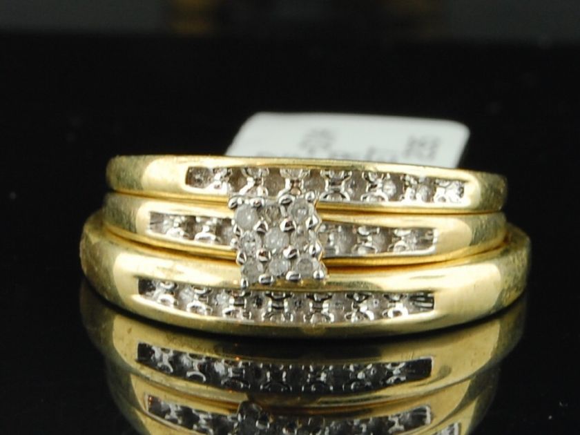  Yellow Gold Finish Diamond Engagement Ring Wedding Band Trio Set