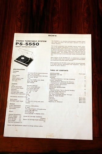 Sony PS 5550 Turntable Owners Manual *Original*  