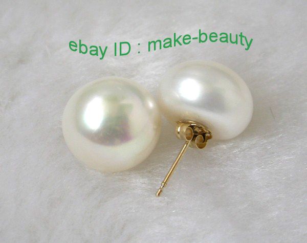   12mm round white freshwater pearls earrings 14K gold stud  
